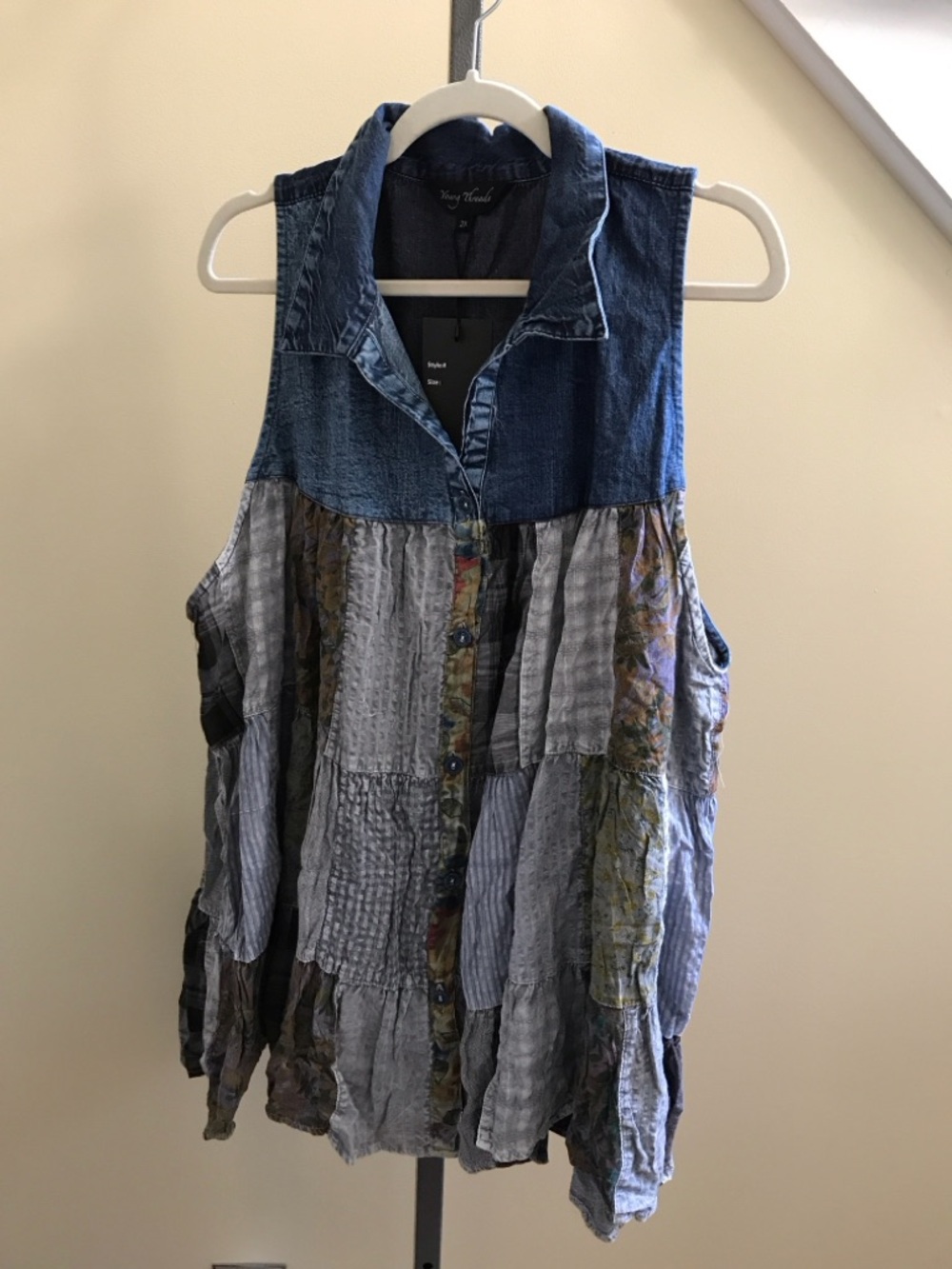 YOUNG THREADS NWT TOP Denim Plaid Sleeveless Size xl